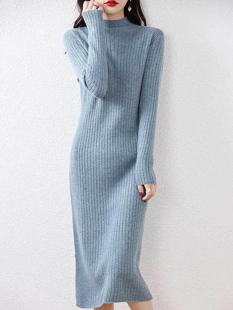 ニットワンピース リブ編みすっきりシルエットワンピース