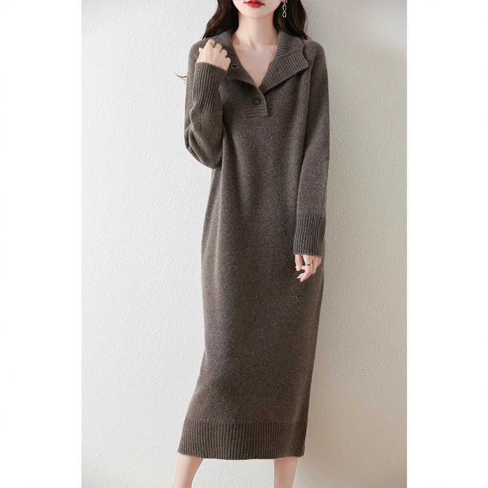 ニットワンピース ウール混ゆるシルエット襟付きワンピース