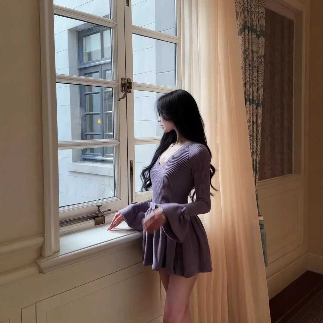 フェミニン リブ ベルト ニットワンピース