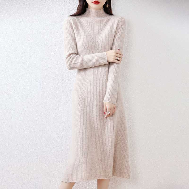 ニットワンピース 上質リブ編みタートルネックワンピース