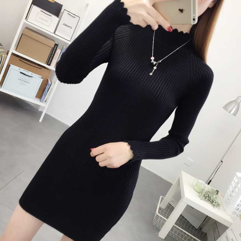 リブ編みミニ丈タートルニットワンピース