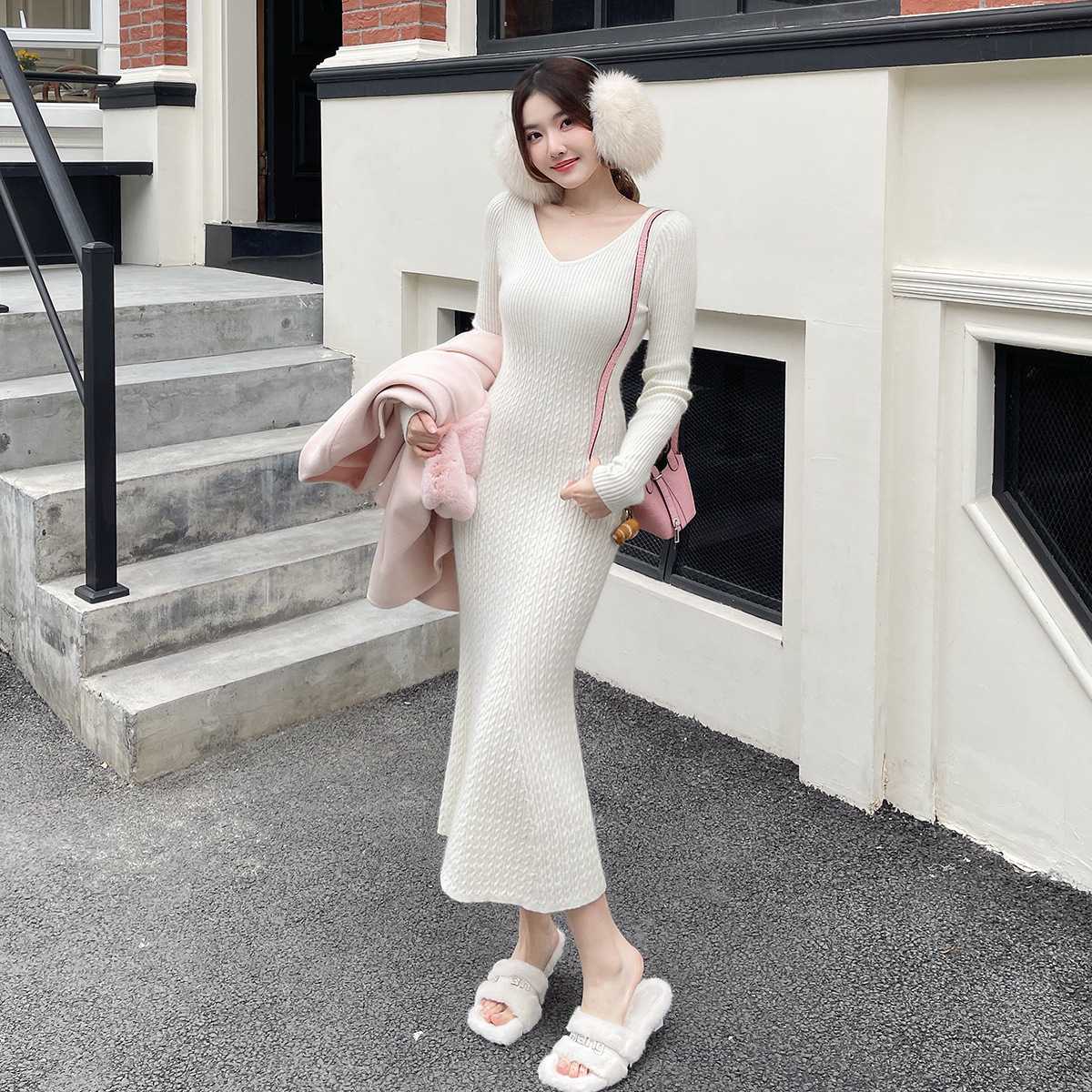 大人気 リブ編みマーメイドニットワンピース