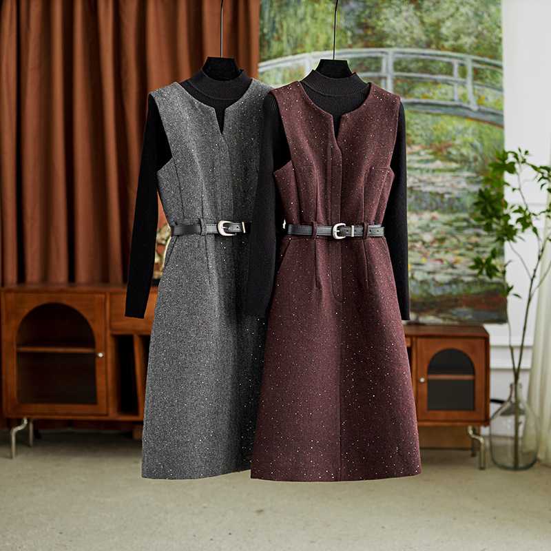 ニットワンピース 上品きらめきニットベルトワンピース