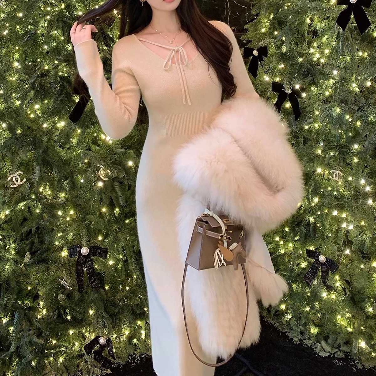 上質リブ編みレディースタイニットワンピース