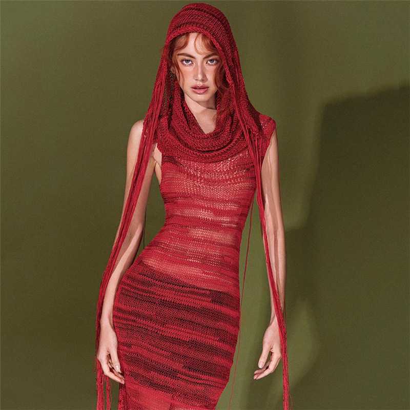 ドレープメッシュフリンジニットワンピース