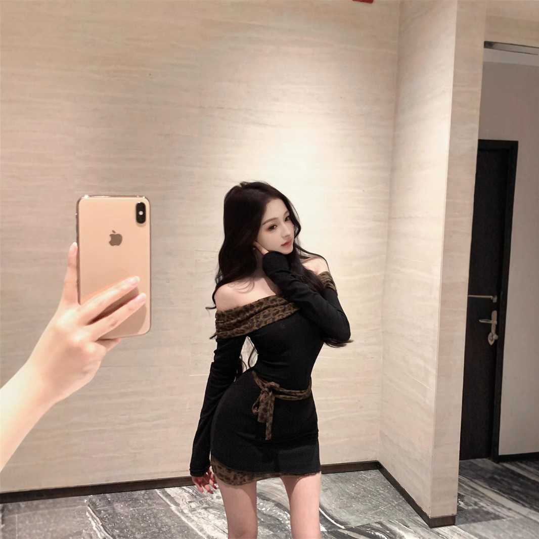 豹柄トリム オフショルミニニットワンピース