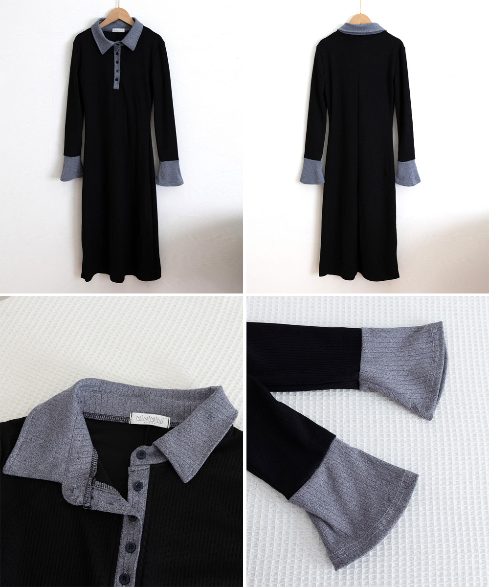 配色ポロ衿リブニットワンピース長袖