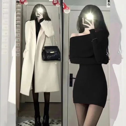 シンプル フィット ニットワンピース