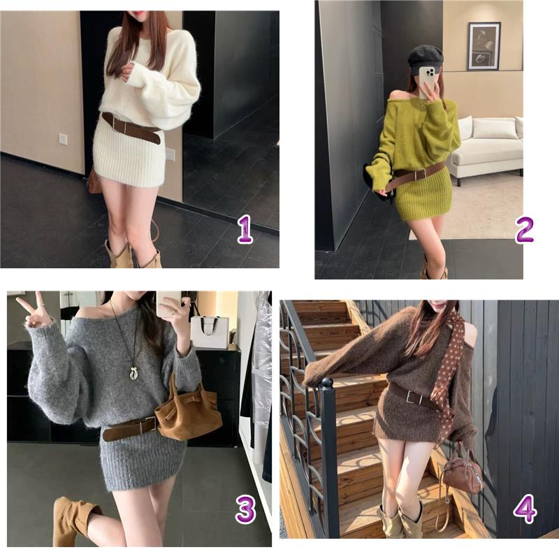 韓国風オフショルダーニットワンピース4色