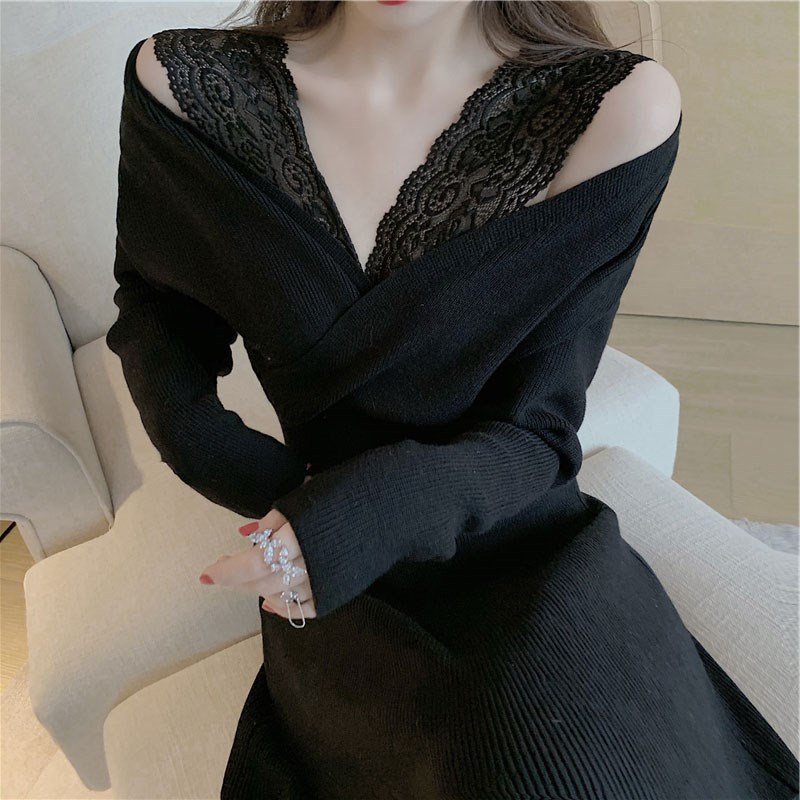 レース装飾ニットワンピース上品仏風長袖