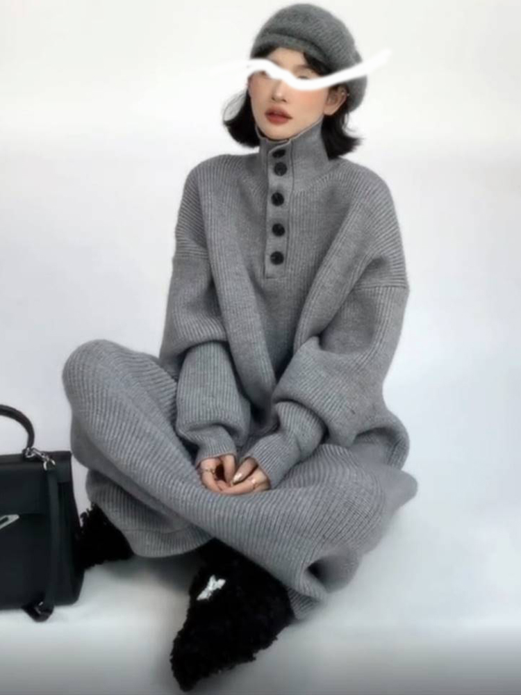 ニットワンピース タートルネックニットロングワンピース