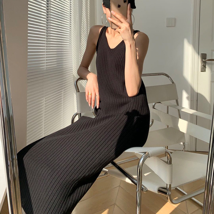 ニットワンピース シンプル美シルエットリブニットキャミワンピース