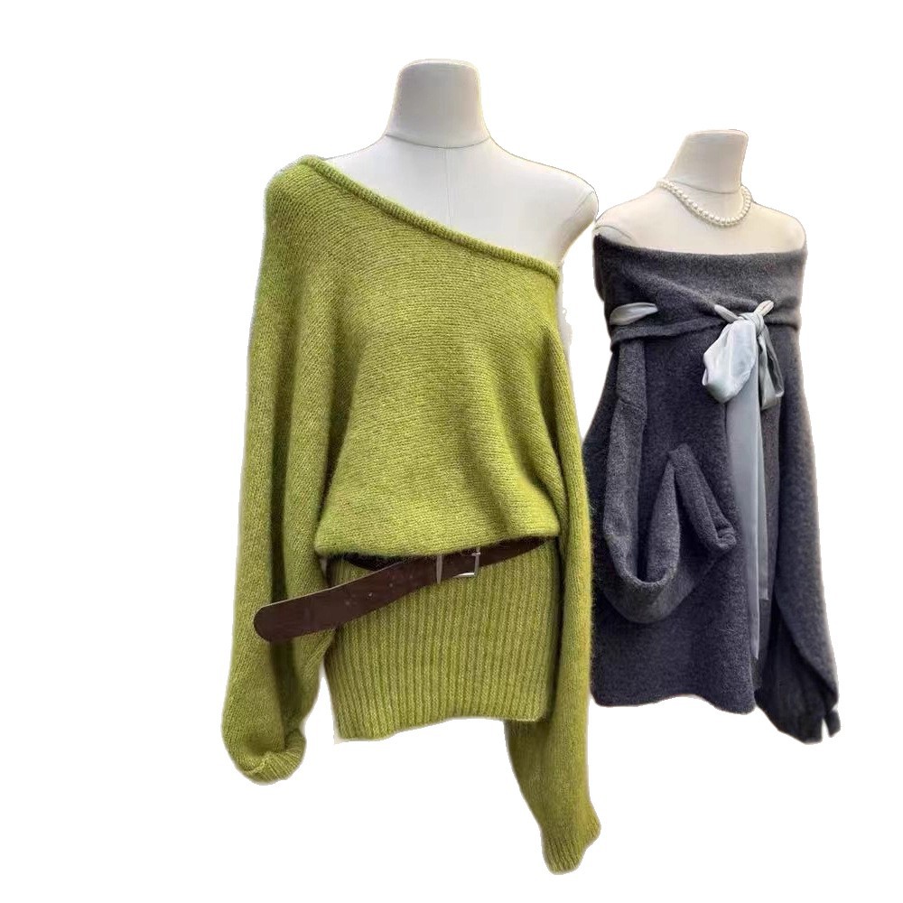 韓国風オフショルダーニットワンピース4色