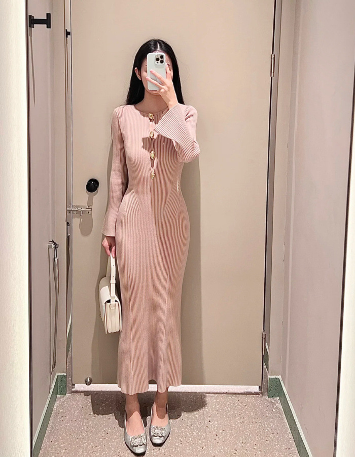 ニットワンピース ノーブルリブニットロングワンピース