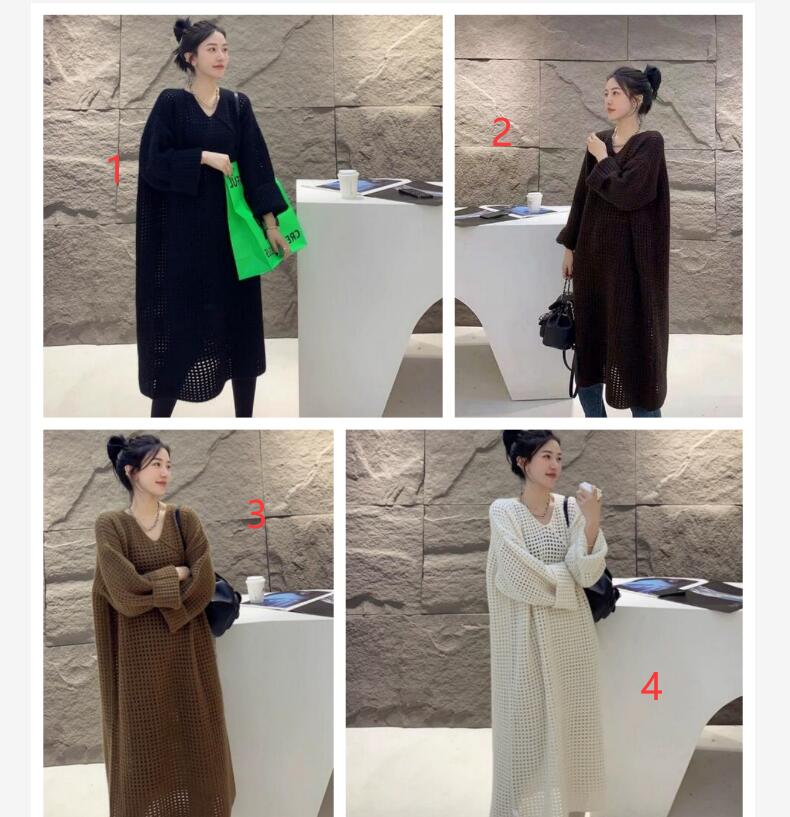 上品なブイネックニットワンピース長袖