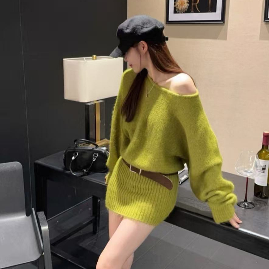 韓国風オフショルダーニットワンピース4色