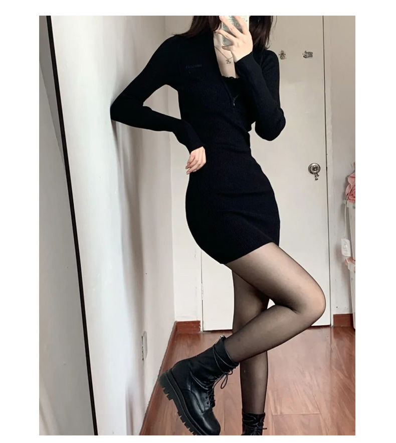 ニットワンピース ジッパーネックリブニットミニワンピース