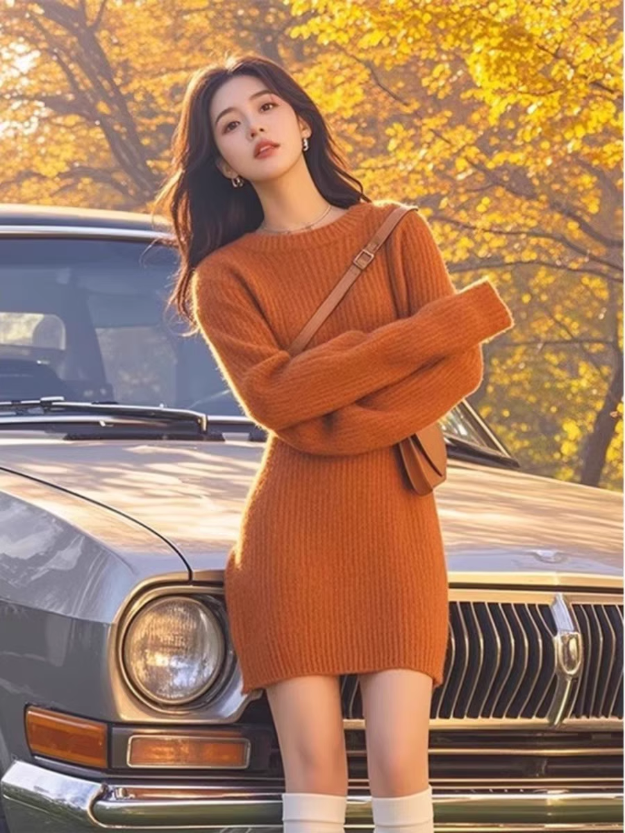 ゆったりシルエットリブニットワンピース