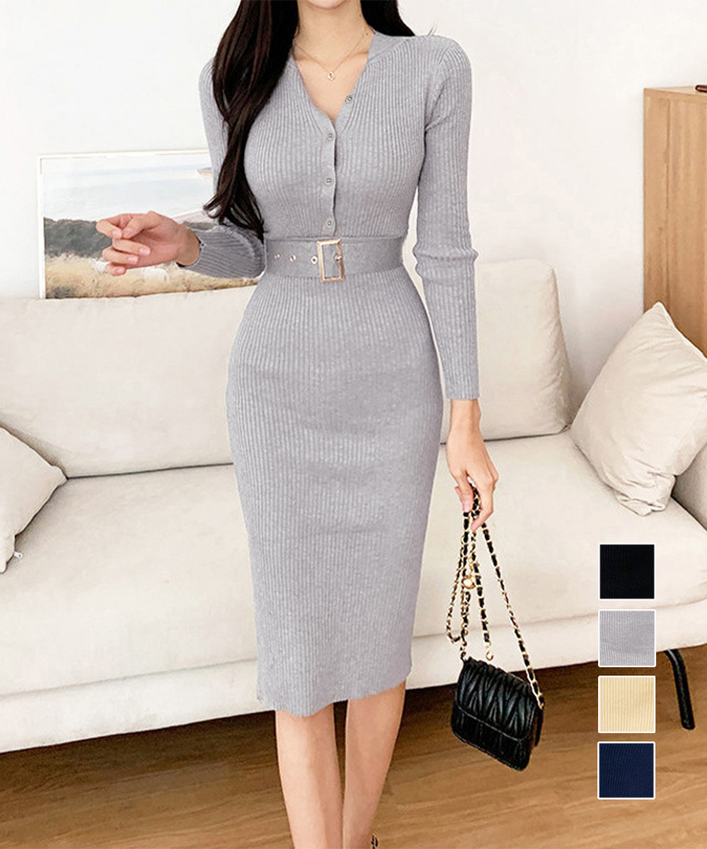 ニットワンピース リブニット長袖ワンピース ウエストベルト付き