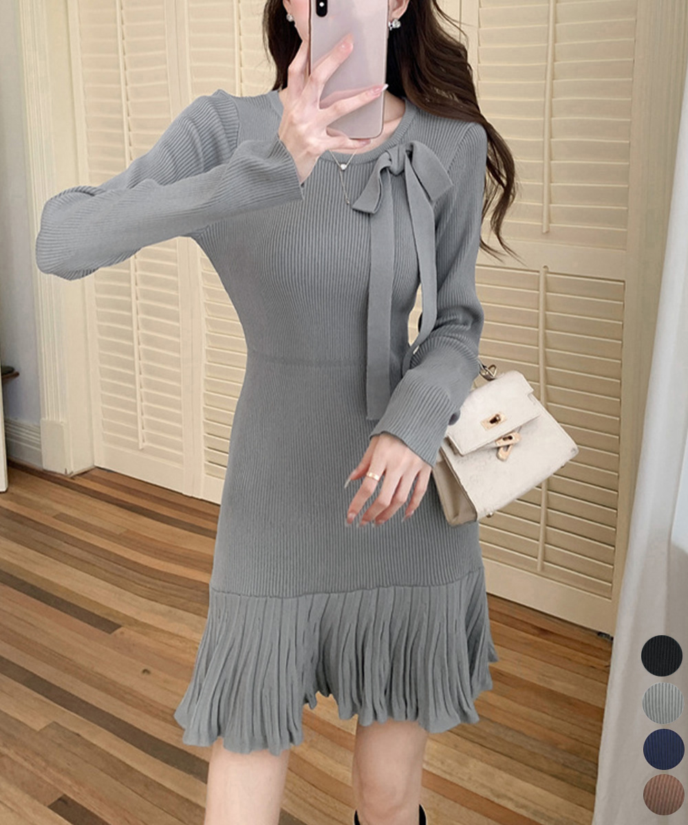リボン付き長袖リブニットワンピース上品プリーツ裾
