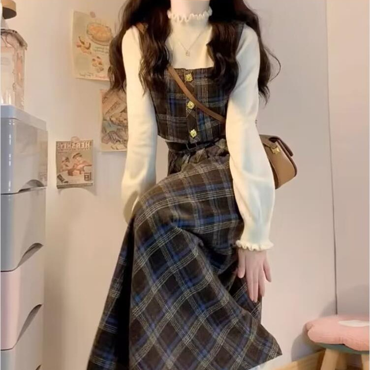 格子柄フリルメロウニットワンピース