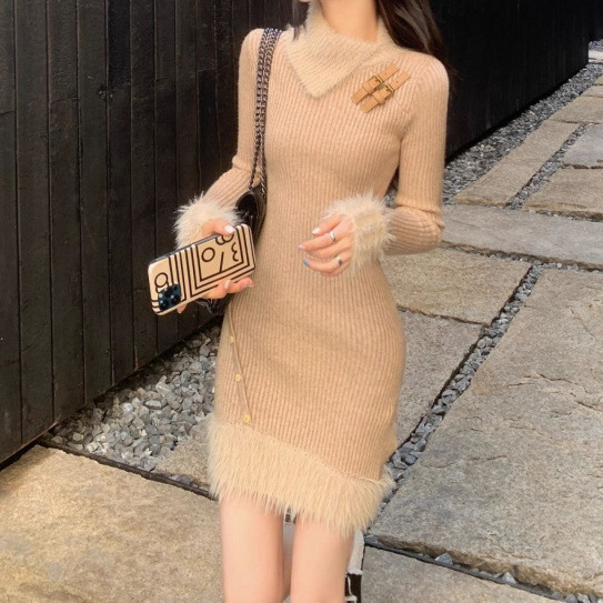 ファー装飾リブニットワンピース