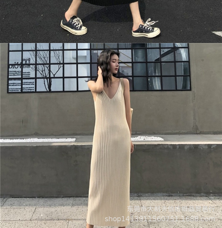 ニットワンピース シンプル美シルエットリブニットキャミワンピース
