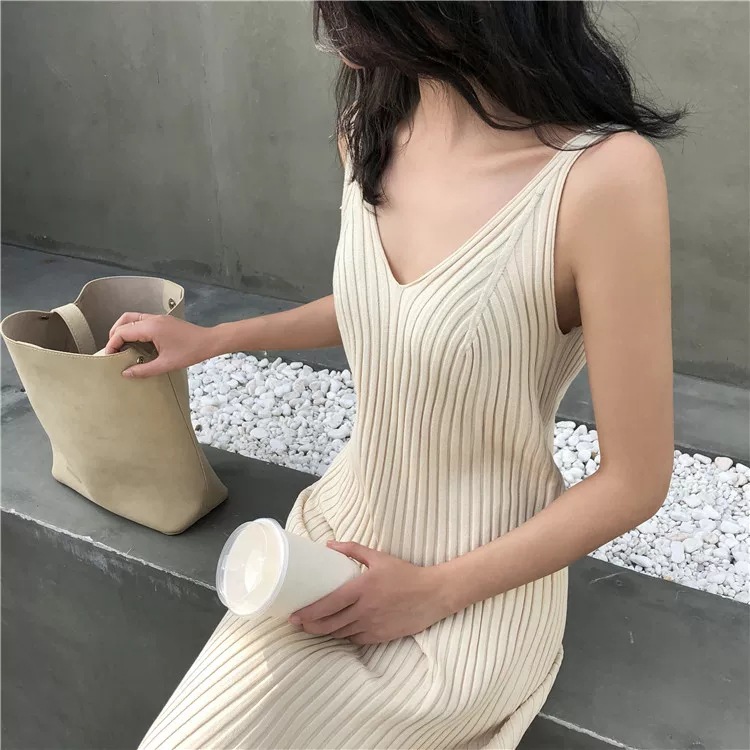 ニットワンピース シンプル美シルエットリブニットキャミワンピース