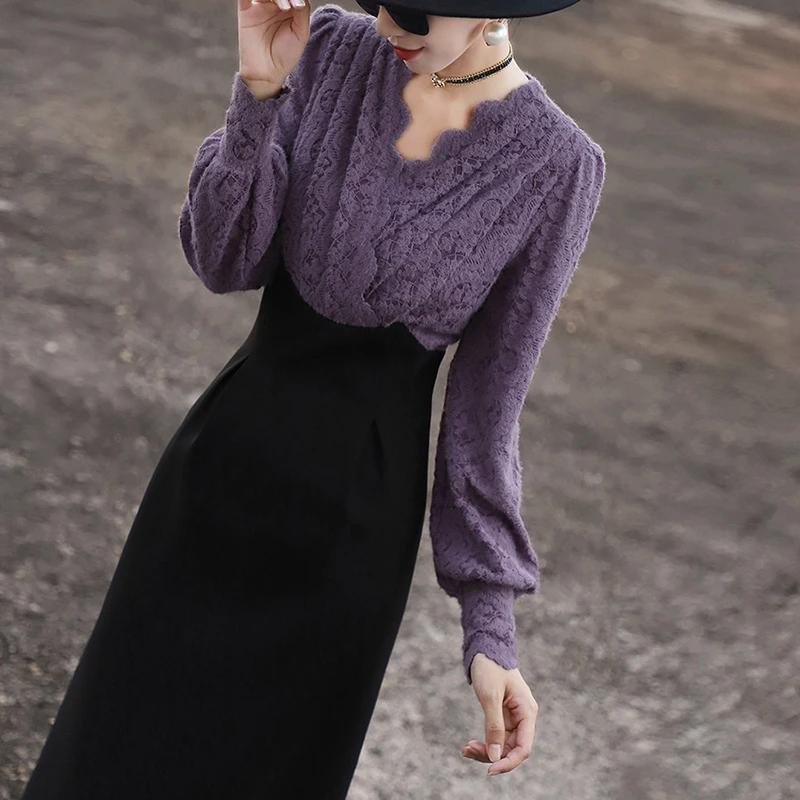 ニットワンピース 女性らしさ際立つ ニット切替えロングワンピース