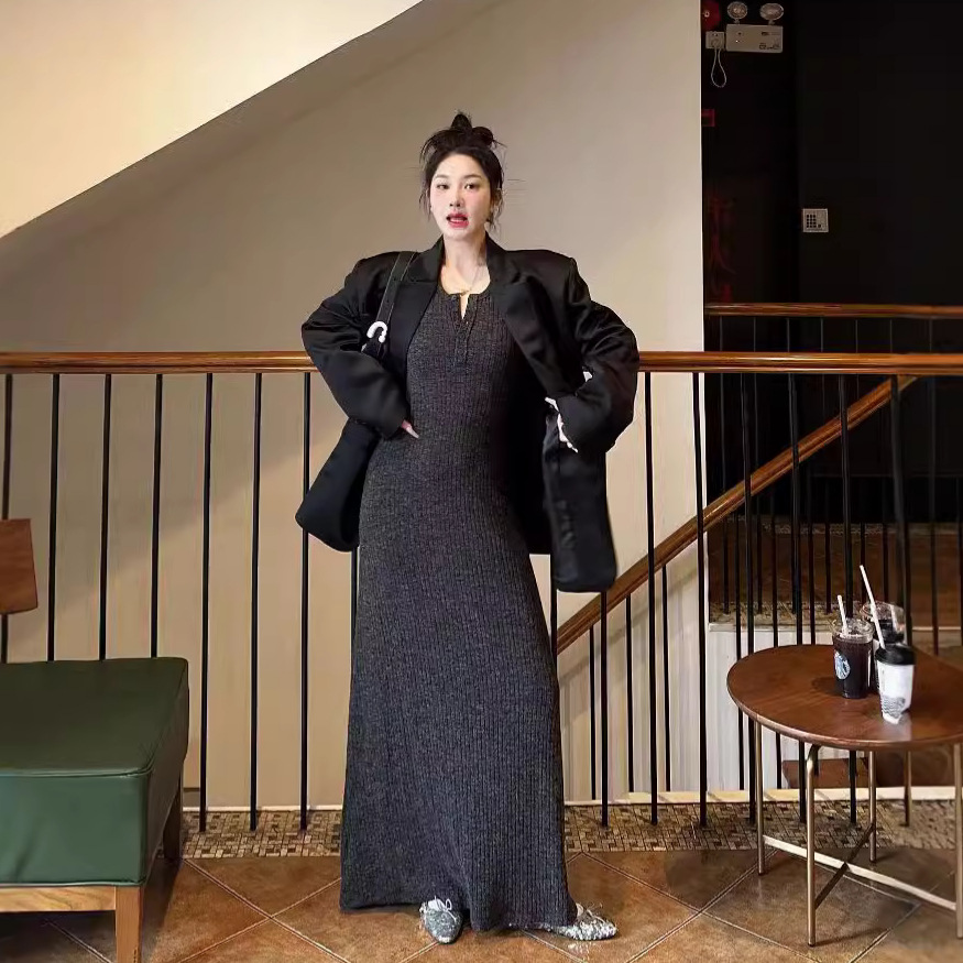 ニットワンピース リブ編みロングニット ワンピース