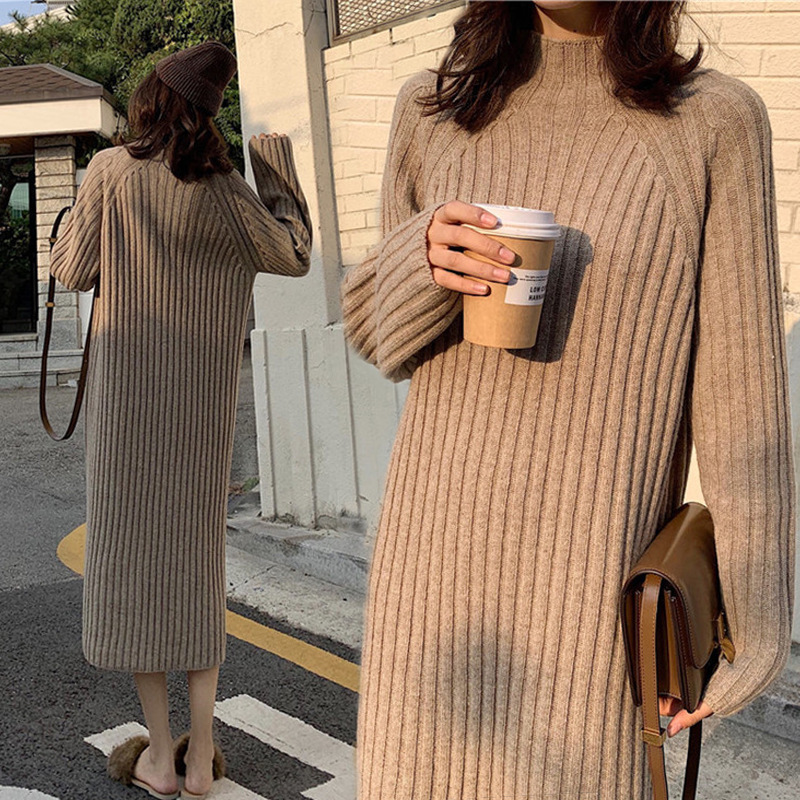 リブ編みあったかロングニットワンピース