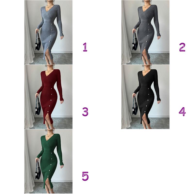 韓国風リブニットワンピース ボタン装飾タイトワンピース