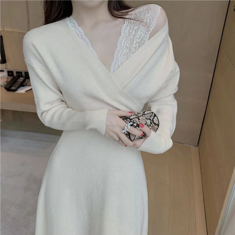 レース装飾ニットワンピース上品仏風長袖