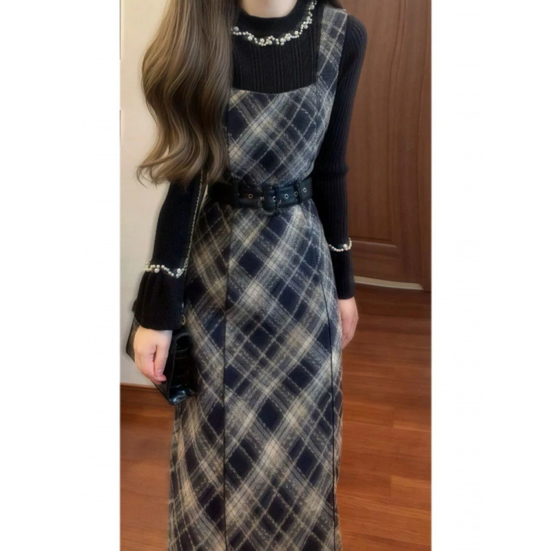 パール装飾リブ切替チェックニットワンピース