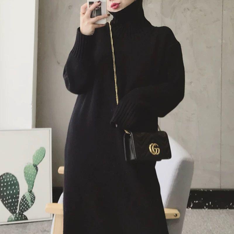 シンプル優雅タートルニットワンピース