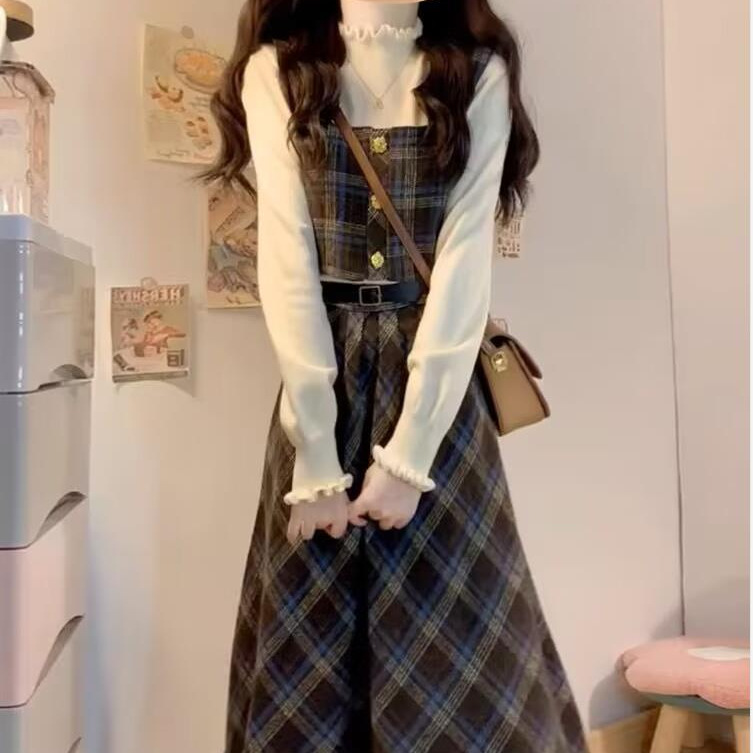 格子柄フリルメロウニットワンピース