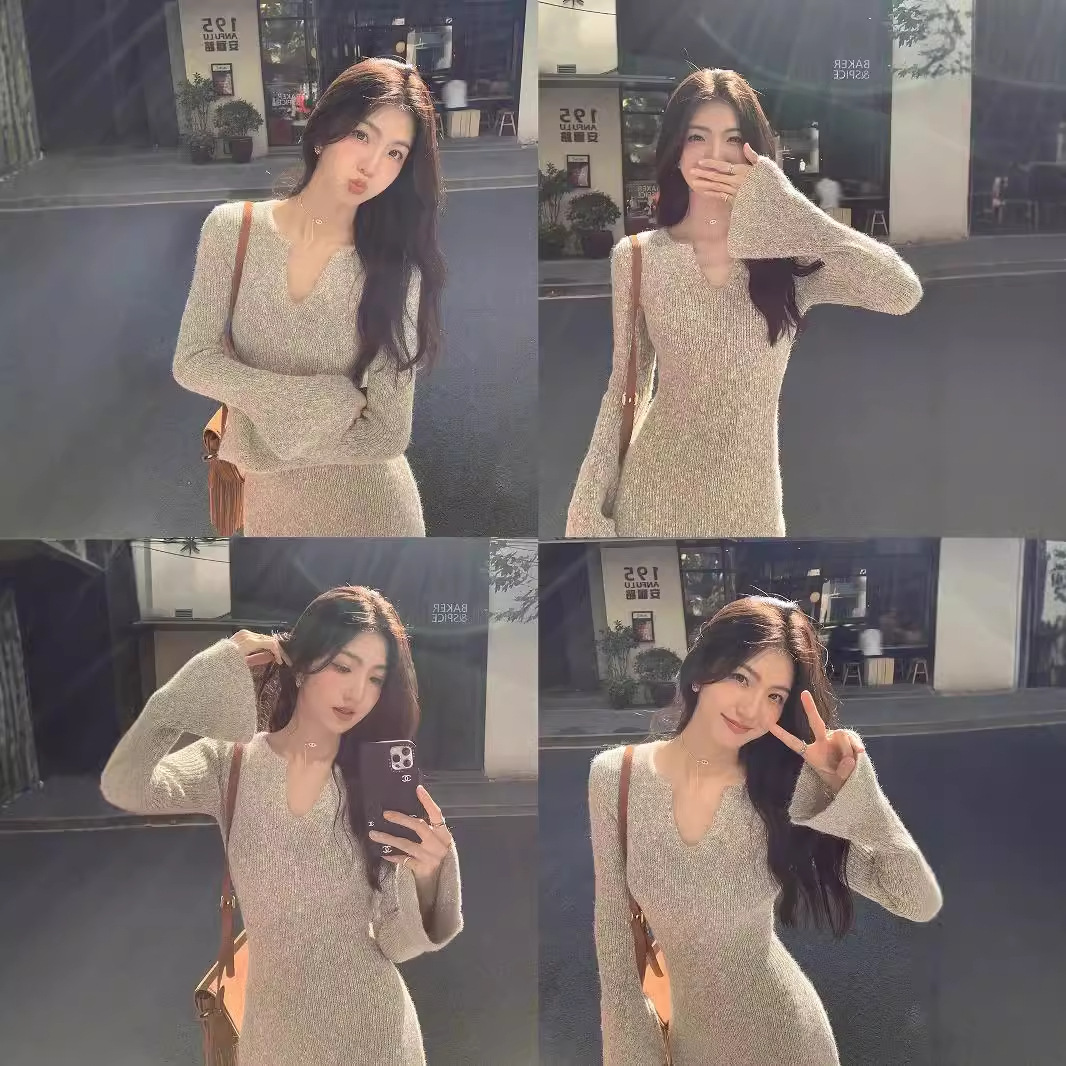 ニットワンピース 大人可愛い リブニット ベルスリーブ ワンピース