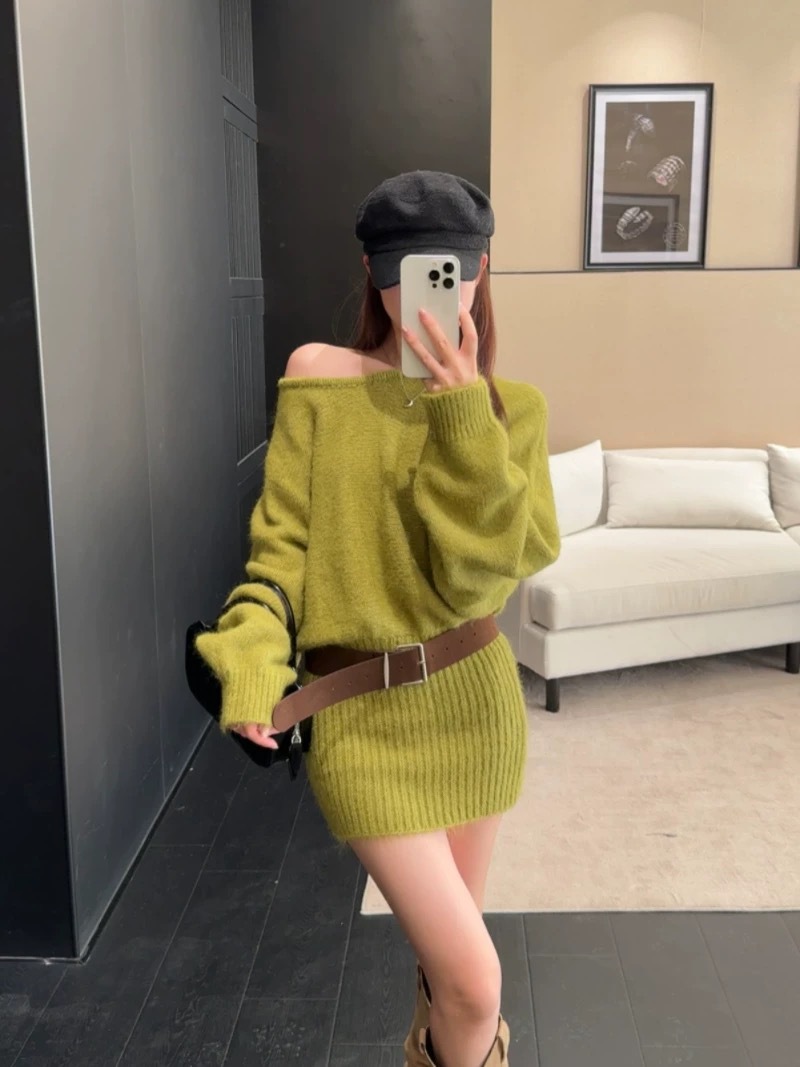 韓国風オフショルダーニットワンピース4色