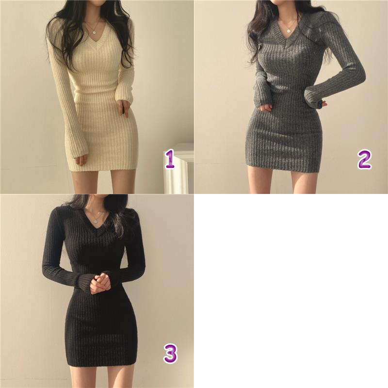 ニットワンピース 韓国風リブニット長袖ワンピース3色展開