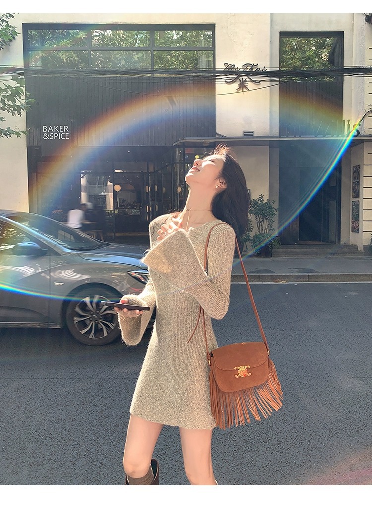 ニットワンピース 大人可愛い リブニット ベルスリーブ ワンピース