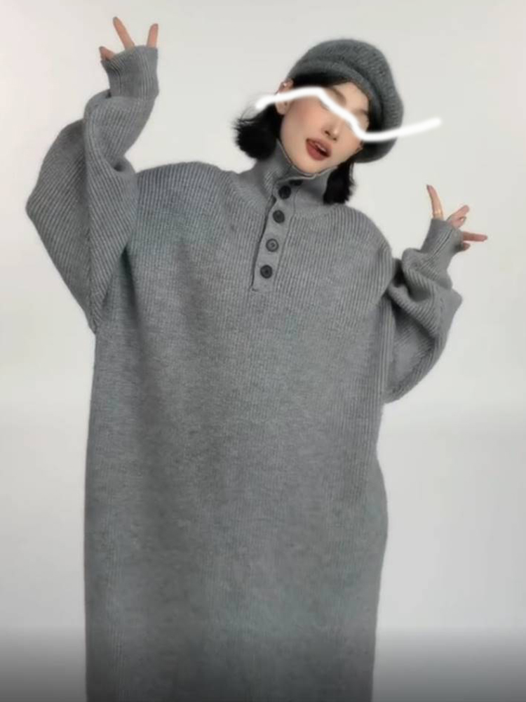 ニットワンピース タートルネックニットロングワンピース