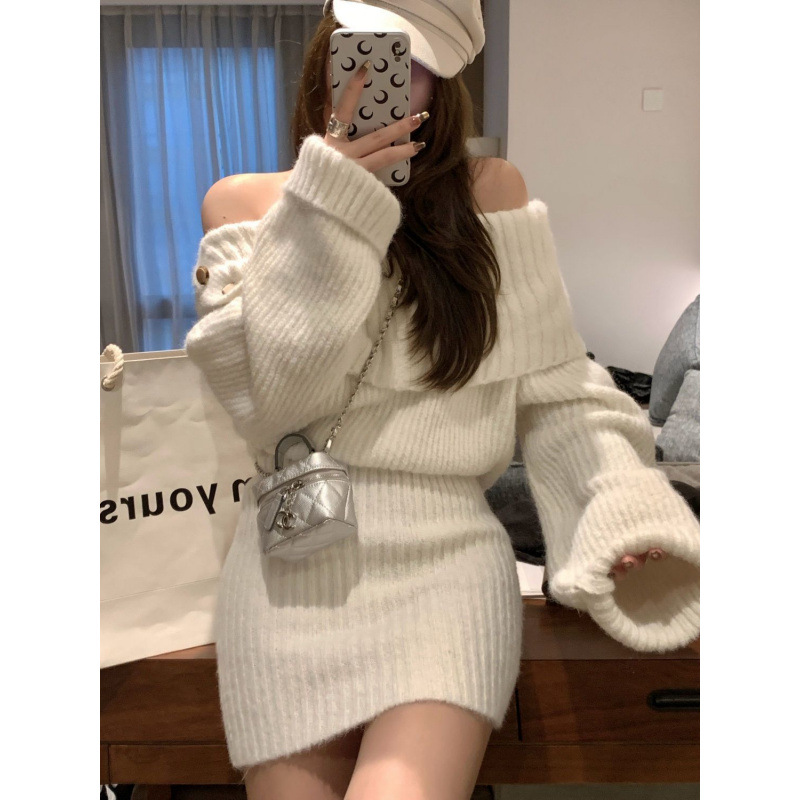 オフショルダーリブニットワンピース