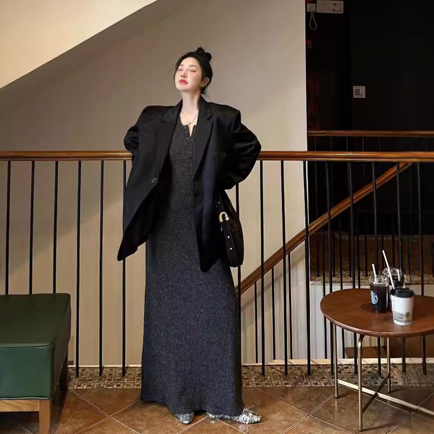 ニットワンピース リブ編みロングニット ワンピース