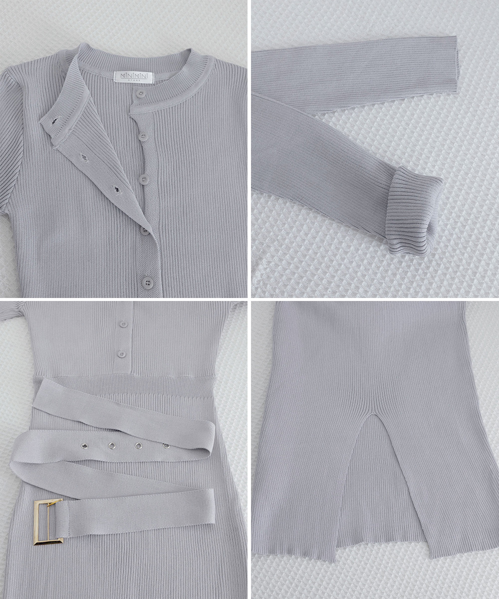 ニットワンピース リブニット長袖ワンピース ウエストベルト付き