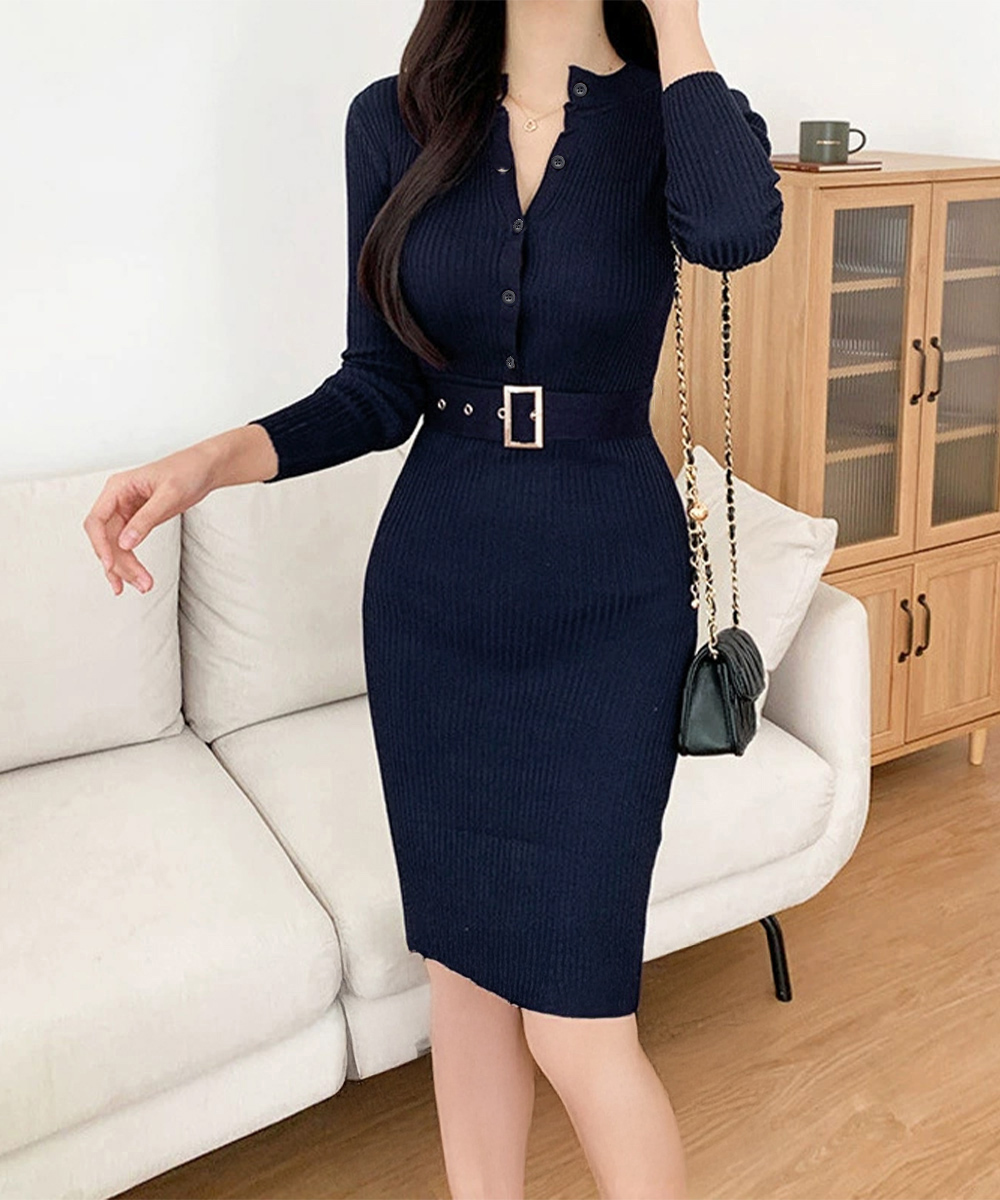 ニットワンピース リブニット長袖ワンピース ウエストベルト付き