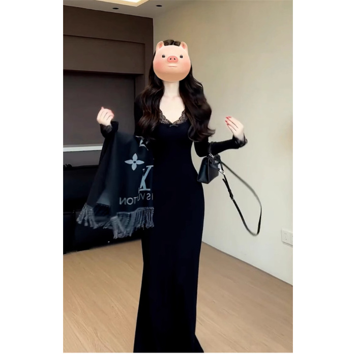レース付き リブニットワンピース