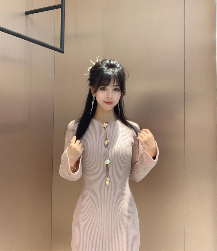 ニットワンピース ノーブルリブニットロングワンピース