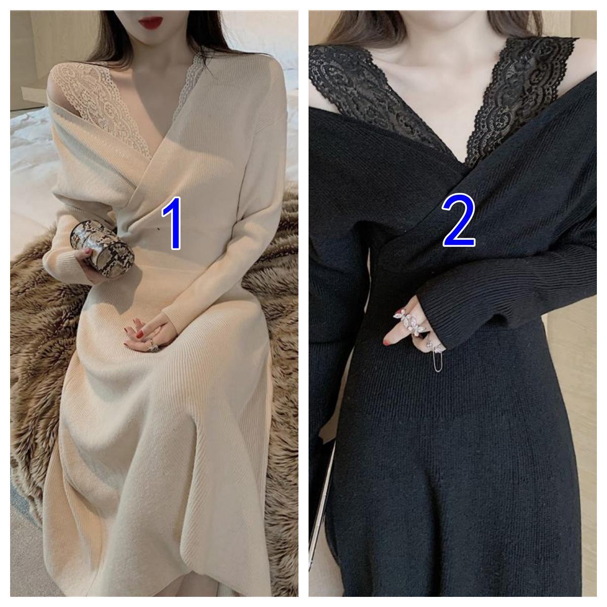 レース装飾ニットワンピース上品仏風長袖