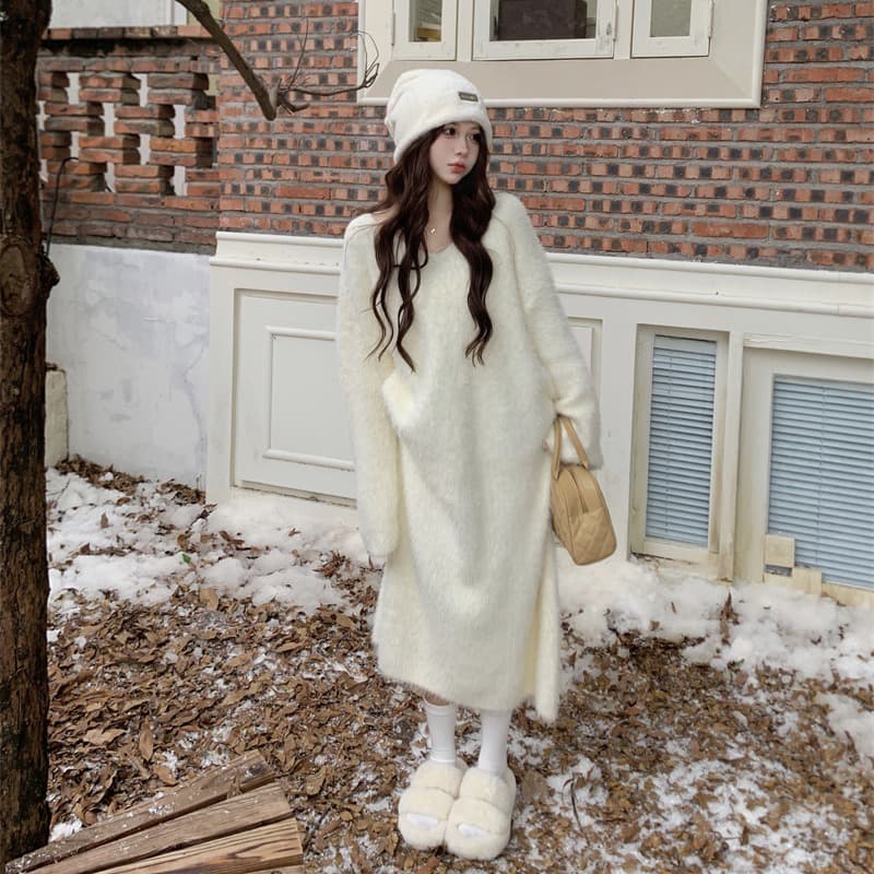 ニットワンピース 今季注目の上品デザイン毛玉ニットロングワンピース