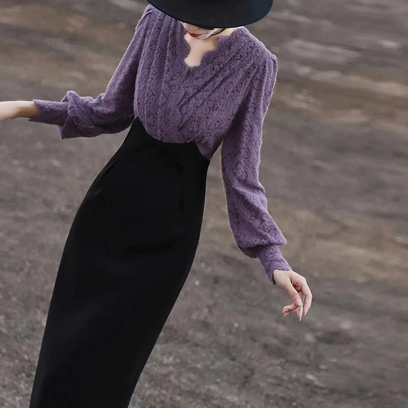 ニットワンピース 女性らしさ際立つ ニット切替えロングワンピース